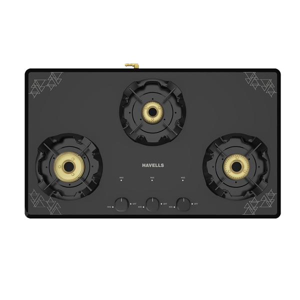 Havells Nucleus Toughened Glass Top 3 Burner Manual Gas Stove (Heavy Duty Brass Burner, Black, NUCLEUS3B)