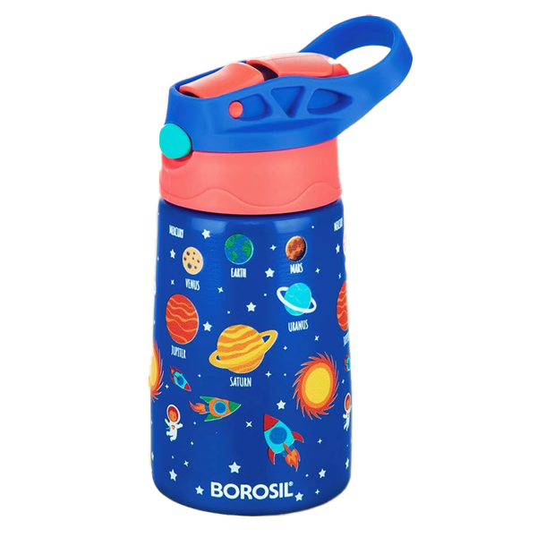 Borosil 300ml Space Kids Bottle, BIS Approved Made in India, 8 Hrs Hot & Cold 300 ml Stainless Steel Sipper (Blue, BRSKBSPACE300ML)
