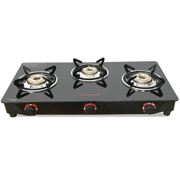 Butterfly Trio 3 Burner Glass Manual Gas Stove (3 Burners, 3BTRIOGT)