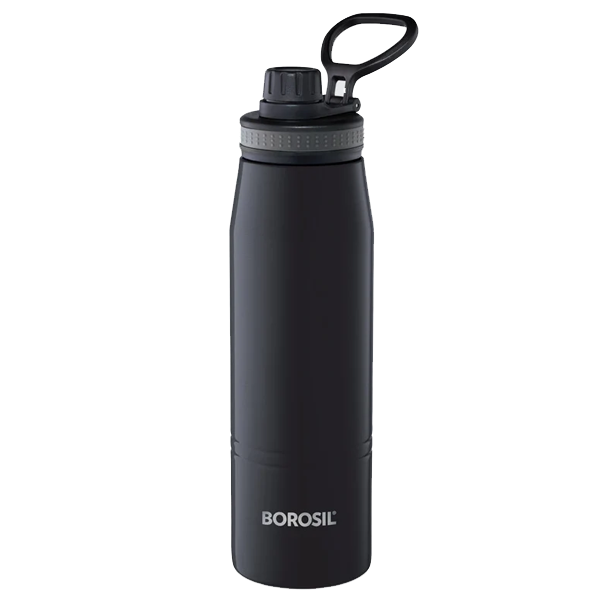 Borosil Hydra GoSports 600 ml Stainless Steel Water Bottle (Double Wall Vacuum Insulated Flask, Black, BRSBGOSPORTS600)