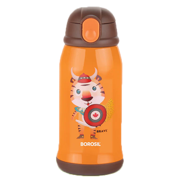 Borosil 500ml Stainless Steel Tigry Kids Sipper (Double Wall Vacuum Insulated Flask, Orange, BRSKBTIGRY500)